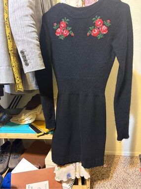 Rouje Black Long Sleeve Knit mini Dress with Red Rose Embroidery
